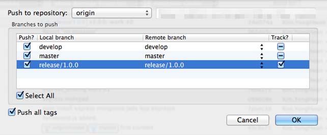 그림 20_Release Branch 생성화면 새로운 release/1.0.0 branch 가생겼다. 여러 commit 작업을완료한후, 지금까지의모든작업을 GIT Server 로 Push한다. Push 할때, 아이콘바에있는 push 아이콘을선택한다.