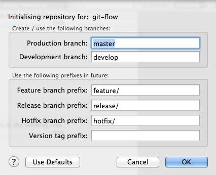 그림 11_GIT Flow Repository 초기화화면 < 그림 11> 과같이 Production branch(master), Development branch(develop) 와 Branch Prefix