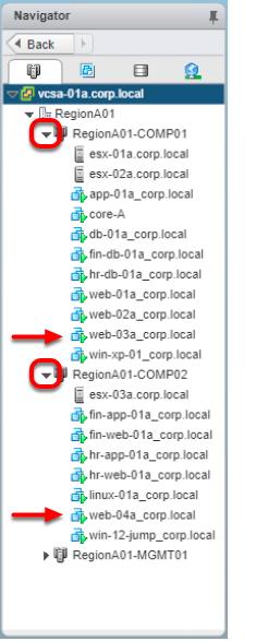 카탈로그확장 RegionA01-COMP01 및 RegionA01-COMP02 클러스터를확장합니다. 2 대의가상머신 web-03a.corp.