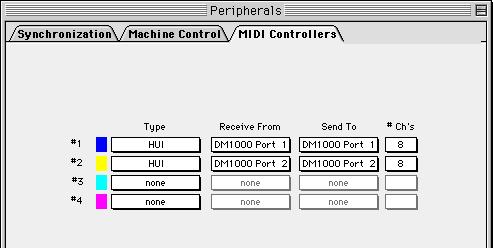 6 Setups 메뉴에서 Peripherals를선택하여 Peripherals 창을엽니다. 7 MIDI Controllers 탭을더블클릭합니다.
