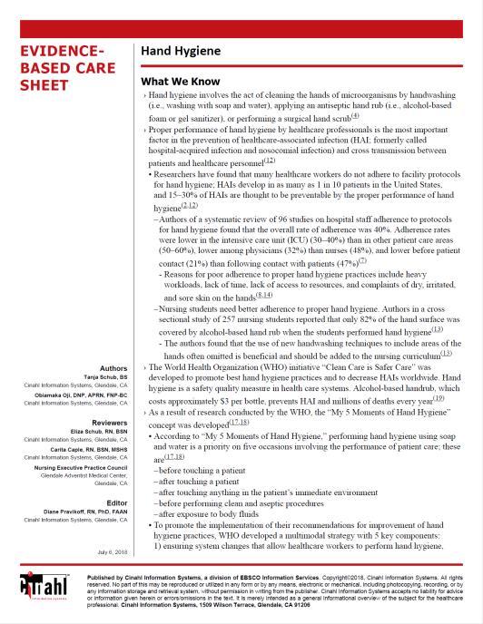 주요제공컨텐츠 - Evidence-based Care Sheets ( 근거중심간호정보