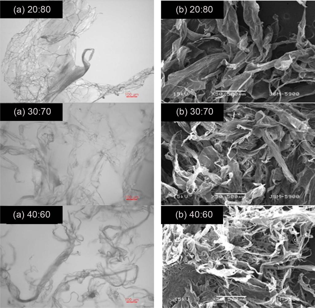 Images of m-aramid fibrids with various solvent contents of coagulation bath (polymer