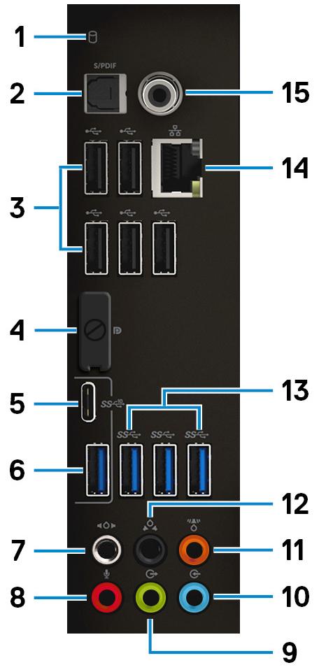 7 전원공급장치진단표시등 전원공급장치상태를나타냅니다. 8 전원포트 컴퓨터에전원을공급하기위해전원케이블을연결합니다. 9 서비스태그레이블 서비스태그는 Dell 서비스기술자가컴퓨터에있는하드웨어구성요소를식별하고품질보증정보에액세스할수있는고유한영숫자식별자입니다. 10 측면패널분리래치 컴퓨터에서측면패널을분리합니다.