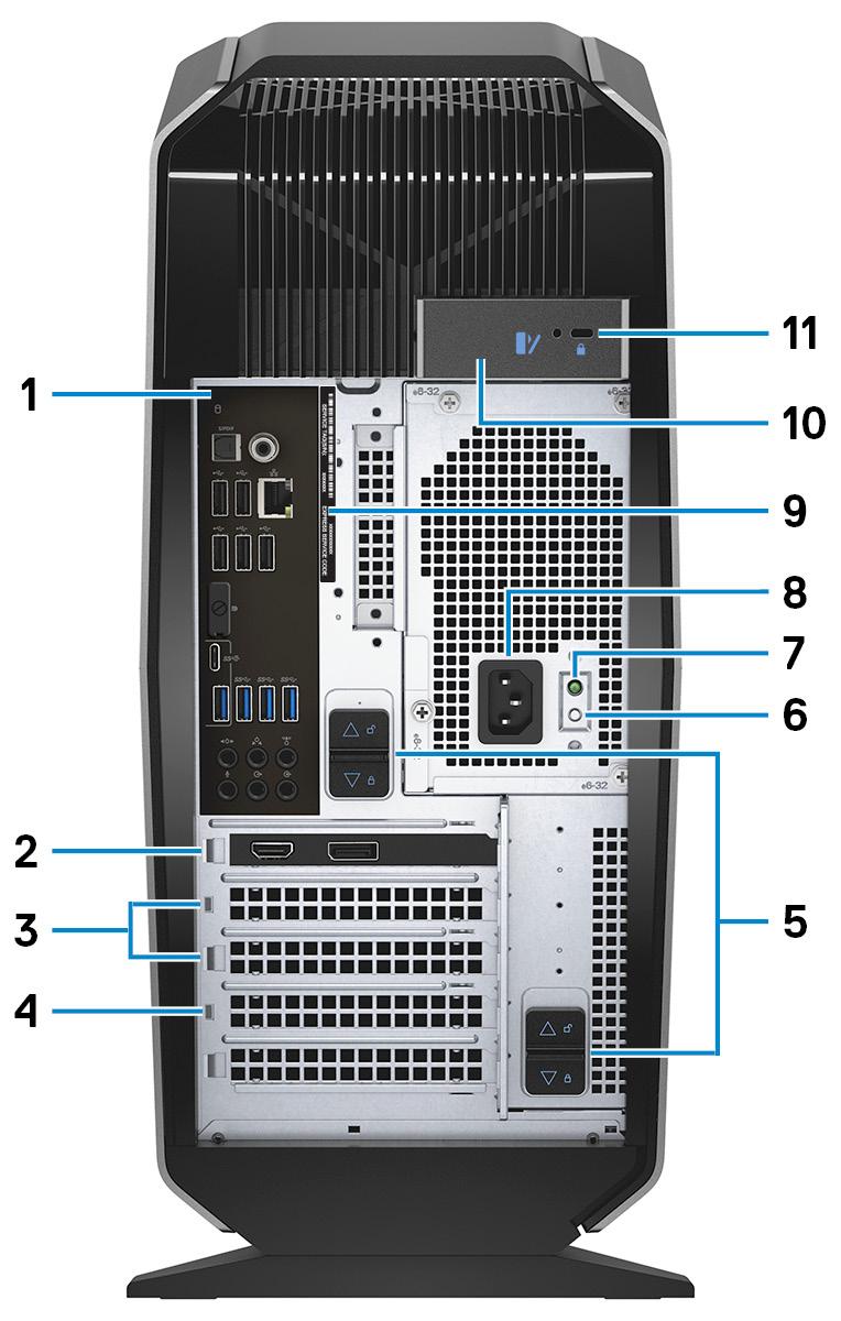 후면 4 초동안길게눌러컴퓨터를강제종료합니다. 노트 : 전원옵션에서전원버튼동작을사용자지정할수있습니다. 1 후면패널 USB, 오디오, 비디오및기타장치를연결합니다. 2 PCI-Express X16( 그래픽슬롯 1) 컴퓨터의기능향상을위해그래픽, 오디오또는네트워크카드와같은 PCI-Express 카드를연결합니다.