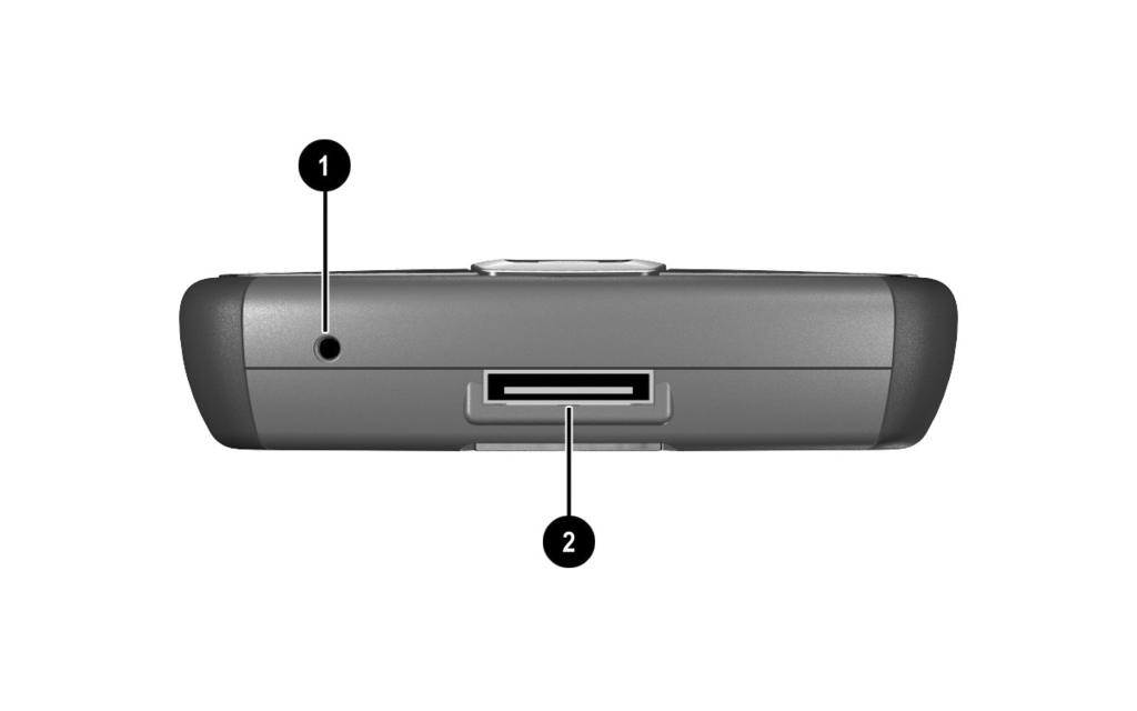 아랫면패널구성요소 구성요소 기능 (1) 재설정버튼 이구멍을스타일러스로누 르면 HP ipaq 소프트리셋 이실행됩니다. (2) 범용동기화연결단자 HP 데스크탑크래들, AC 어 댑터및 USB 동기화케이블 에연결합니다.