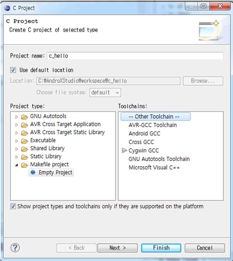 ANSI C 실습 ; [step1] 프로젝트생성 프로젝트생성 Project name : c_hello Project Type :