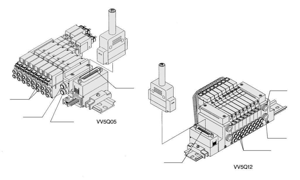 VQ 0000 000 매니폴드사양 시리즈베이스형식결선종류 배관사양배관접속구경주) 방향 (P), (R) (A), (B) 적용 주 ) 적용전자밸브 연질량 (g) VVQ0- F Kit: D-sub 콘넥터 P Kit: 플랫케이블 T Kit: 터미널단자대 C Kit: 콘넥터 S Kit: 시리얼전송 횡 C ( 용 ) 옵션소음기내장직접배기 C(.