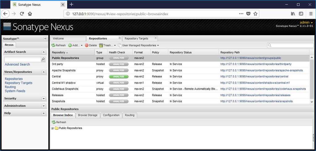 2.4 Nexus 실행및추가된라이브러리확인. "start-nexus.bat 실행하여, Nexus 를실행가능하며, 브라우저에서아래주소로 Nexus 을확인가능하다. http://127.0.
