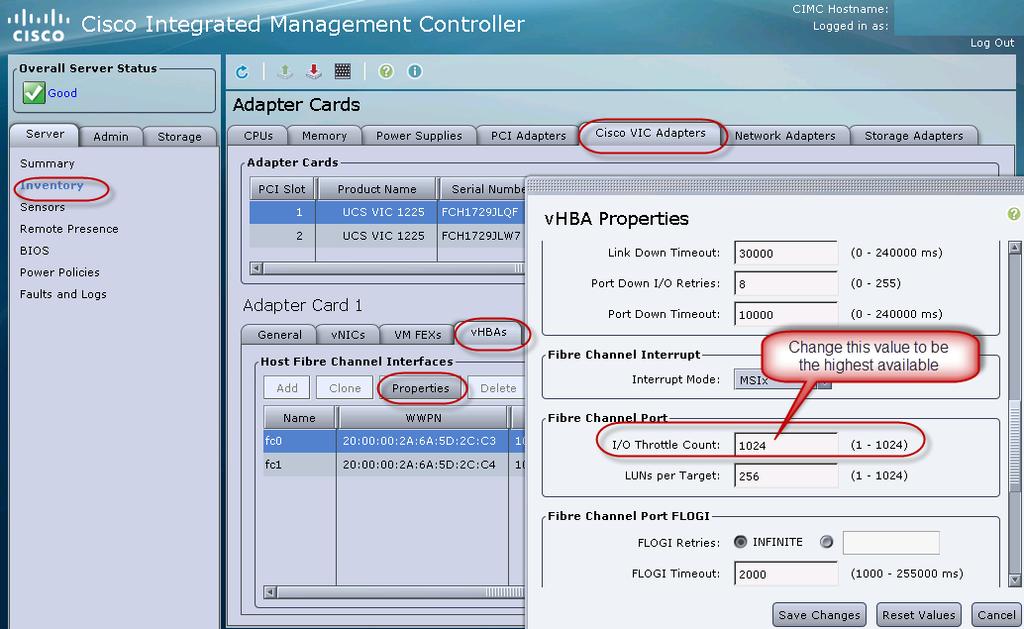 Cisco UCS HBA의 HBA 입출력스로틀을조정하는방법은다음과같습니다. 1. UCSM 탐색화면에서 Server 아래의 Inventory를선택합니다. 2. Cisco VIC Adapters를선택합니다. 3. vhba Properties로이동합니다. 4. I/O Throttle Count를그림 9와같이 '1024' 로설정합니다. 그림 9.