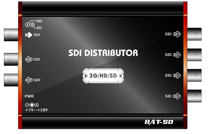 BAT-SD, BAT-Series BAT-SD 3G/HD/SD-SDI 신호를자동으로감지 1 개의 SDI/ASI 입력신호를수신하여 6 개의 SDI 출력지원 입력신호자동감지 LED 다양한표준지원 : SD-SDI, HD-SDI, 3G-SDI, DVB-ASI 별도의 Bracket 제공 DC 7V ~ 15V 전원입력 Input Electrical Specs