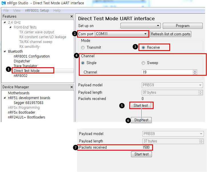 nrfgo Studio Test Application 7. nrfgo Studio 에서 1 Direct Test Mode 선택한다. 8. 2 에서 Com 포트를설정한다. (JLink CDC UART Port) 9. 아래그림의 3 처럼 Test Mode 를 'Receive' 모드로선택합니다. 10. 4 에서수신테스트할 BT 채널정보를설정합니다. 11.