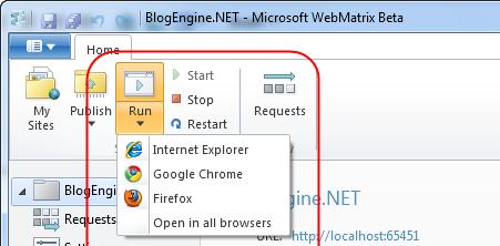 IIS Developer Express 도자체내장이라, 개발과정에서웹서버관련작업을진행하고시작과중지를 WebMatrix 자체 에서진행이가능해요. 저기위에 Start, Stop, Restart 아이콘보이시죠? 개발하면서브라우저에서테스트를해보고싶으실경우에도버튼하나로, 또는 F12 번키만띡눌러주면바로결과를웹에 서확인가능합니다. 보이시죠?
