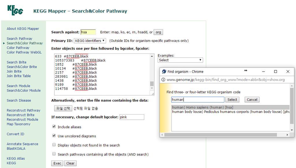 그림 3-3과같이 KEGG Mapper 웹페이지 (http://www.genome.jp/kegg/tool/map_pathway2.html) 에접속하고 Search & Color pathway 링크에들어가면아래와같은화면이보여진다.