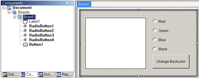 Step 1, Board Label, RadioButton, Button,. Step 2 Label., RGB. 'Document' 'GlobalFunction'. function changebackcolor(compname) { var Comp = _GetCurrentBoard().GetChild(CompName); Comp.