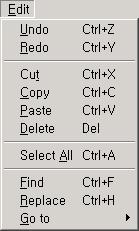 - Edit Menu Undo (Ctrl+Z) Redo (Ctrl+Y) Cut (Ctrl+X) Copy (Ctrl+C) Paste (Ctrl+V) Delete (Del) Select All