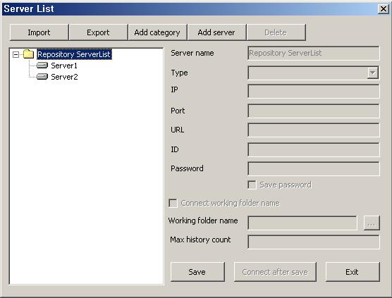' '. Button Import Export Add Category Add Server Delete