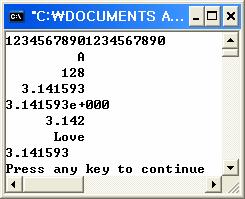 서식화된입출력 (cont d) 프로그램예제 : 필드옵션의여러가지사용예 #include <stdio.h> int main() { printf("12345678901234567890\n"); printf( %10c\n", 'A'); printf( %10d\n", 128); printf( %10lf\n", 3.