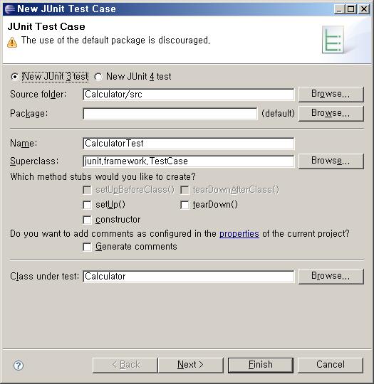 5.9 JUnit 을이용하여 Test case 작성하기 (2/6) Source folder, Package, Name, Superclass 등을그대로두고 NEXT Source folder Test Case 클래스파일이저장되는폴더 Package