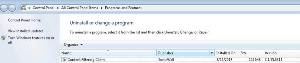 설치가성공적으로완료되면최종사용자시스템의제어판프로그램및기능창에 SonicWall 콘텐츠필터링클라이언트프로그램이표시됩니다. 확인하려면 Start > Control Panel( 시작 > 제어판 ) 로이동하여 Programs and Features( 프로그램및기능 ) 를클릭하십시오.