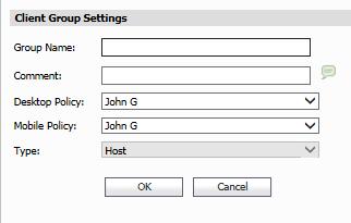 3 클라이언트그룹을나타내는이름을 Group Name( 그룹이름 ) 필드에입력합니다. 4 Comment( 설명 ) 필드에는설명을입력합니다. 5 Desktop Policy( 데스크톱정책 ) 드롭다운목록에서그룹의정책을선택합니다. 이드롭다운목록에는기존의모든정책이표시됩니다. 6 Mobile Policy( 모바일정책 ) 드롭다운목록에서그룹의정책을선택합니다.