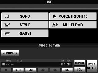 5 음악찾기 - 각곡에이상적인설정 ( 음색, 스타일등 ) 불러오기 - USB 오디오선택화면의곡데이터 (AUDIO) 1-1 [USB] 버튼을눌러재생화면을불러옵니다 (AUDIO PLAYER 화면 ). 1-2 [8 st] (FILE SELECT) 버튼을눌러연결된 USB 저장장치의곡데이터 ( 오디오파일 ) 를표시합니다.