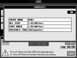 녹음대상 USB 플래시메모리의정보확인 4 단계의화면에서 [E] (PROPERTY) 버튼을눌러 USB 플래시메모리장치의번호, 장치의메모리크기, 장치에사용가능한녹음공간및녹음가능시간을확인합니다.