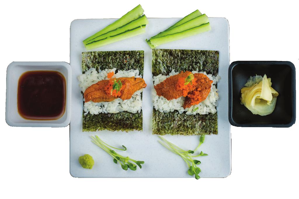 Pieces of Uni sushi Salmon Tataki Salmon seared and served with onions,