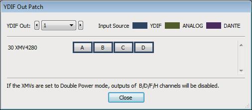 YDIF In Patch 대화상자 제 4 장시스템화면 YDIF In Patch 대화상자 YDIF 신호의입력채널을선택할수있습니다. [YDIF In:] 상자편집하고자하는 YDIF 채널을선택합니다. 채널선택버튼입력채널을선택합니다. 기기 ID 및입력소스모델명이좌측에표시됩니다. [Close] 버튼 YDIF In Patch 대화상자를닫습니다.