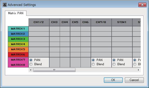 MTX Configuration 대화상자 제 7 장대화상자 / 소프트웨어애플리케이션 Advanced Settings 대화상자 매트릭스팬모드 (PAN 또는 Blend) 를지정할수있습니다. 입력및출력모두스테레오용으로만지정가능합니다. [Blend] 를선택하면스테레오느낌은간직한상태로스테레오오디오의좌우채널이혼합됩니다.