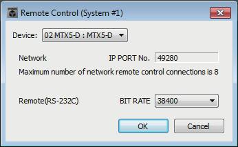 Remote Control 대화상자 제 7 장대화상자 / 소프트웨어애플리케이션 Remote Control 대화상자 외부컨트롤러연결에필요한포트번호를확인하거나, 외부컨트롤러를 RS-232C 에연결하는설정을할수있습니다. 주 총 9 개의외부컨트롤러및 Wireless DCP 장치를단일 MTX/MRX 에연결할수있습니다.