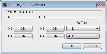 Sampling Rate Converter 대화상자 제 7 장대화상자 / 소프트웨어애플리케이션 Sampling Rate Converter 대화상자 기기슬롯에설치된 MY4-AEC 또는 MY8-AE96S 의 SRC( 샘플링속도컨버터 ) 를켜거나끌수있으며, 출력의워드클록설정을지정할수있습니다. [ON] 버튼 SRC 를켜거나끕니다.