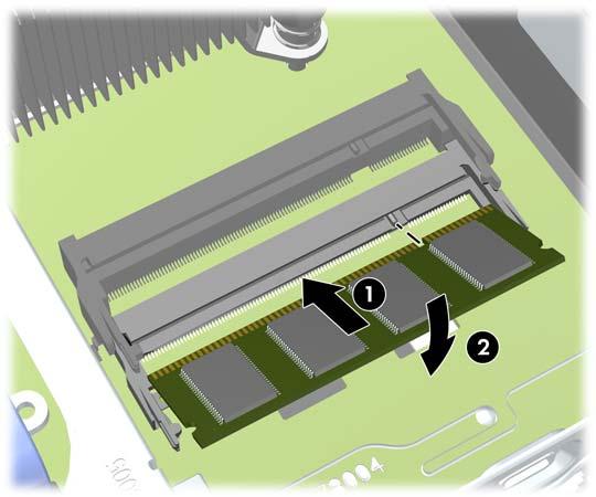 새 SODIMM 을약 30 도각도로소켓안으로밀어넣은다음 (1), SODIMM 을아래로눌러 (2) 래치가제자리에고정되게합니다. 참고 : 메모리모듈은한가지방식으로만설치할수있습니다.