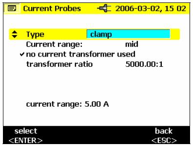 1-5. Instrument Setup Current Probes 1. 젂류프루브및클램프를연결하시면자동으로연결사항이 "Type" 에디스플레이됩니다. 2. "Current range" 에서젂류범위를설정하십시오. 3.