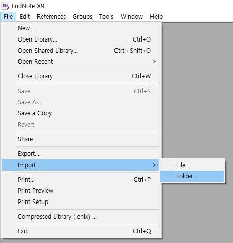 Import Folder > PDF 컴퓨터에저장된 PDF을 EndNote Library로반입 1.