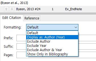 Author-Year 형식에서저자생략 저자중심서술에서저자명은괄호안에넣지않는다 (Byeon et al., 2013) reported... (X) Byeon et al. (2013) reported.