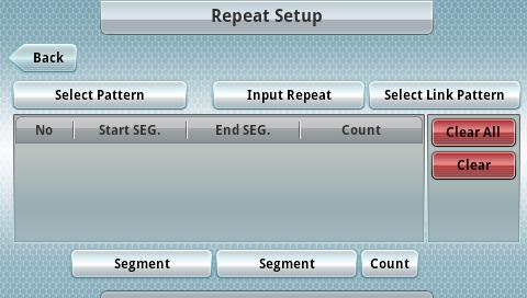 - Select Pattern : 반복하고자하는 Pattern을선택합니다. - Input Repeat : Pattern의반복수를설정합니다. - Select Link Pattern : Link를원하는 Pattern을선택할수있습니다. - Clear : 설정한반복횟수를지우고, Clear All를통해 <Fig.3.