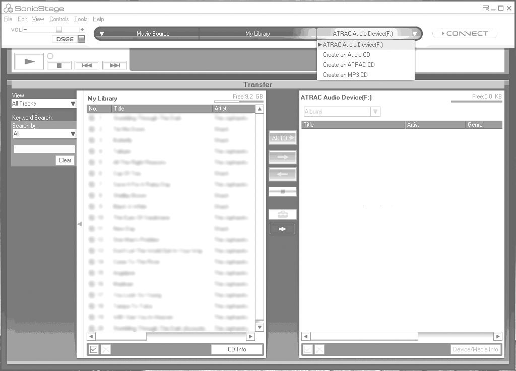 음악전송 자세한내용은 SonicStage 도움말을참조하여주십시오. 플레이어를컴퓨터에연결하고오디오데이터를플레이어로전송합니다. 음악 ( 오디오데이터 ) 을플레이어에전송할때는 SonicStage 를사용하십시오. Windows 탐색기를사용하여전송된음악은플레이어에서재생할수없습니다.