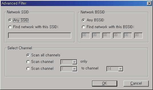 5. Associate 버튼 ( 적용 ) 검색된무선스테이션을선택하고, Associate 버튼을클릭하십시오. Filter 버튼 ( 필터 ) 무선랜카드로들어오는무선신호를제한합니다. 1. Network SSID Any SSID: 모든 SSID를검색합니다. Find network with this SSID : 입력한 SSID만검색합니다. 2.
