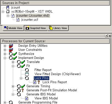6.2 Lock Pins 이용하기 이방법은 Implementation 시자동으로만들어지는 Fitter Report 의 Pin Assign 정보를이용하 는것입니다. 아래의그림과같이 Lock Pins 을실행시키면, < 그림 24> Lock Pins 선택 Working Directory 에다음과같은내용을포함한 Jcounter_lock.ucf 라는파일이생깁니다.