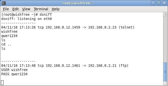 실습 8-4 DSniff 를이용해다양하게공격하기 2 dsniff를이용한 FTP, 텔넷패스워드스니핑 dsniff a b a 192.168.0.