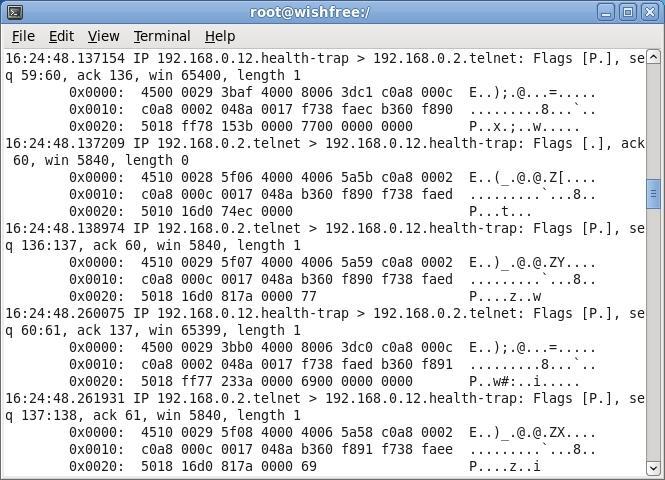 실습 8-2 TCP Dump 를이용해계정과패스워드스니핑하기 4 텔넷패킷분석 4-1 원격텔넷로그인시계정 Dump 1/2 ➊ 패킷 1 : 192.168.0.12( 클라이언트 ) 에서 192.168.0.2( 서버 ) 의 23번포트로 wishfree 중첫번째글자인w가 P(acket) 플래그로전달되었다.