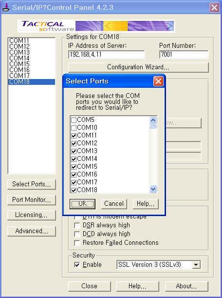 단계 3. Open Serial/IP Control Panel 을열고, Pro Series 의 1 번시리얼포트와통신하길원하는 COM 포트를 Select Ports 버튼을눌러선택합니다. 그림 A-18 Serial/IP Control Panel 에서포트들을선택 단계 4.