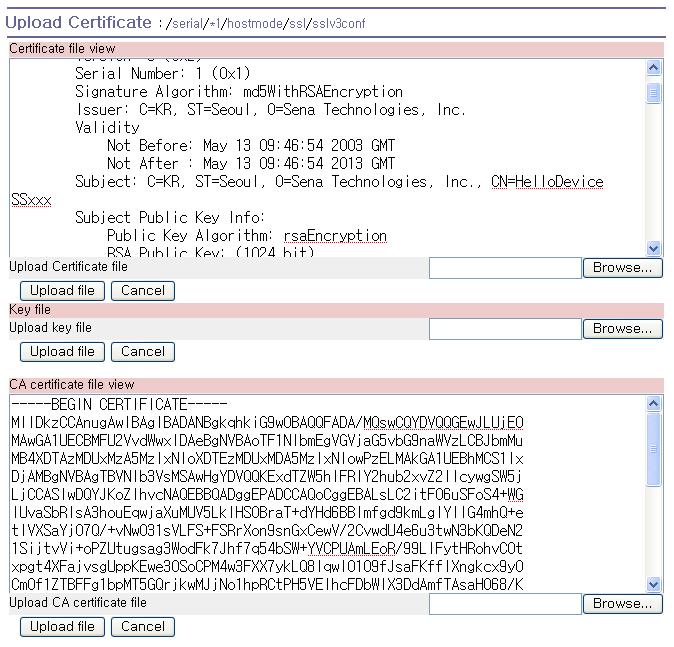 4.2.5.1.1 인증서업로드 (Upload certificate) 그림 4-12 인증서업로드 Certificate( 인증서 ), Certificate Authority certificate(ca 인증서 ), Private key( 개인키 ) 파일을업로드할 수있습니다. Pro series 에서는 PEM 형식의인증서만사용할수있습니다.