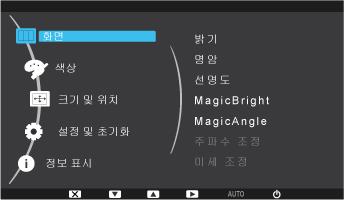 3-15 화면조정메뉴 (OSD:On Screen Display) 사용하기 화면조정메뉴 (OSD:On Screen Display) 구조 상위메뉴 하위메뉴 화면 밝기 명암 선명도 MagicBright MagicAngle 주파수조정 미세조정 색상 MagicColor 적 녹 청 바탕색조정 색상효과 감마조정 크기및위치 수평위치 수직위치 화면크기 메뉴수평위치