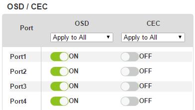 OSC/CEC OSD / CEC 페이지에서는모든포트에대한 OSD 및 CEC 설정을보고설정할수있습니다. OSD: 포트의기본 OSD 옵션을설정합니다. OSD 가켜져있으면구성및포트변경내용이 출력될때실시간텍스트업데이트가디스플레이에 10 초동안표시됩니다.