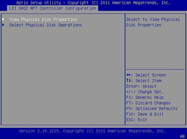 그림 3.2. Physical Disk Management 메뉴 옵션 선택 7. 표시된 메뉴 옵션에서 View Physical Disk Properties 메뉴 옵션으로 이동하고 Enter 키를 누 릅니다. 그림 3.3. View Physical Properties 메뉴 옵션 선택 8.