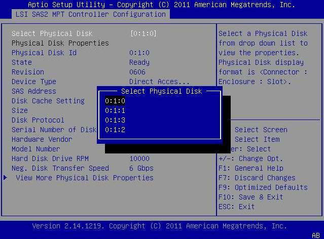 그림 3.4. Select Physical Disk 팝업 창 9. 물리적 디스크를 검토하고 이후에 참조할 수 있도록 해당 슬롯을 기록해둡니다. 이러한 디스크를 RAID 볼륨 구성에 포함시킬 수 있습니다. RAID 볼륨을 만들려면 (x86) [27]을 참조하십시오.