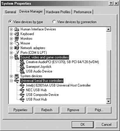 3 [Device Manager] 탭을클릭하여십시오. "View devices by type" 가선택되어있는지확인하여십시오. 4 "Device Manager" 대화상자에다음의항목이나열되어있는지확인하여십시오.