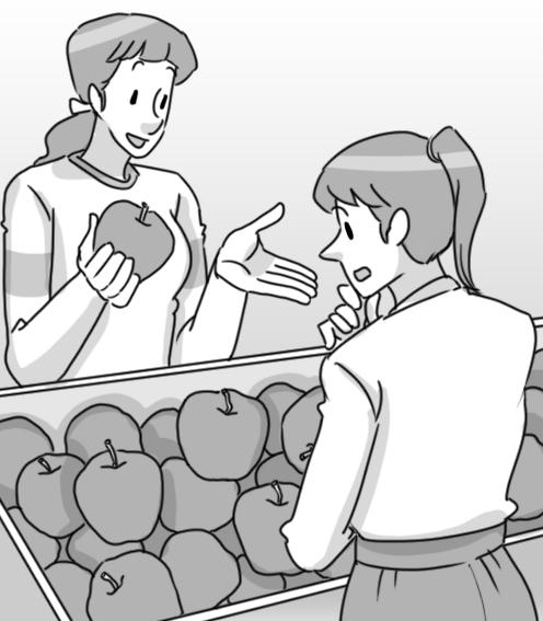 Diálogo 2 Cliente : Tiene manzanas? Dependiente : Bienvenida. Claro que tenemos! Cliente : A cuánto están? Dependiente : Están a ochenta céntimos el kilo. Cuántos le pongo?